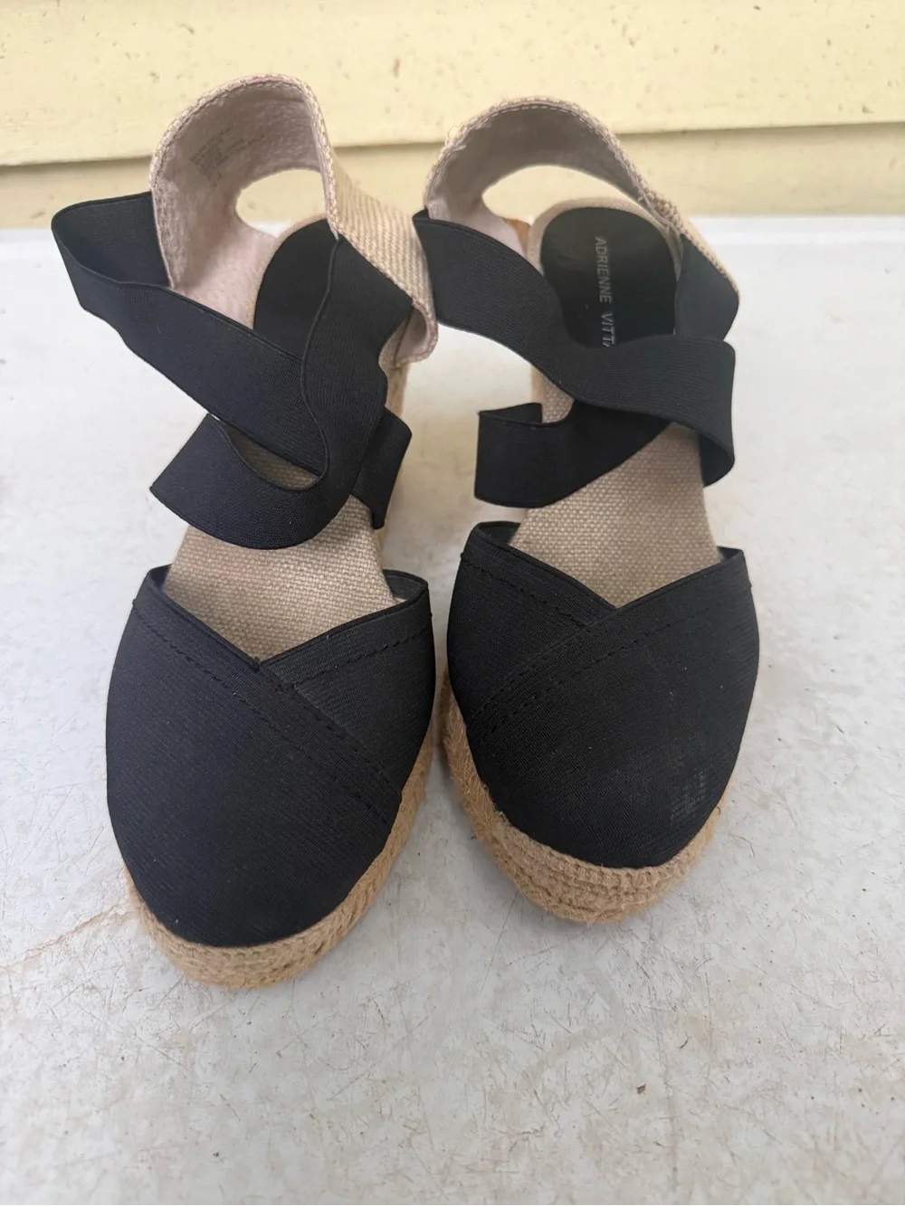 Adrienne Vittadini Black and Beige Espadrille Wedge Sandals